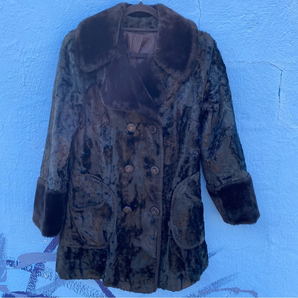 Vintage 60’s faux fur black coat, size small, vintage buttons, above the knee